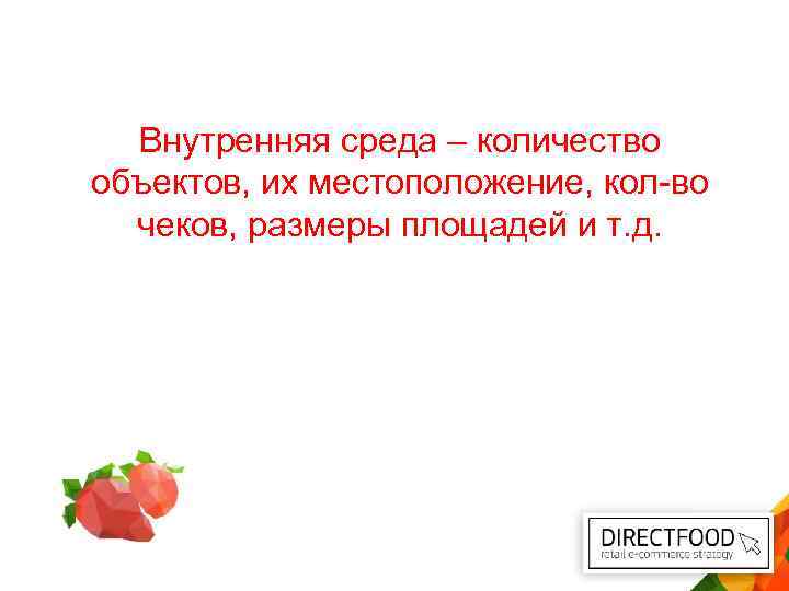 Внутренняя среда – количество объектов, их местоположение, кол-во чеков, размеры площадей и т. д.