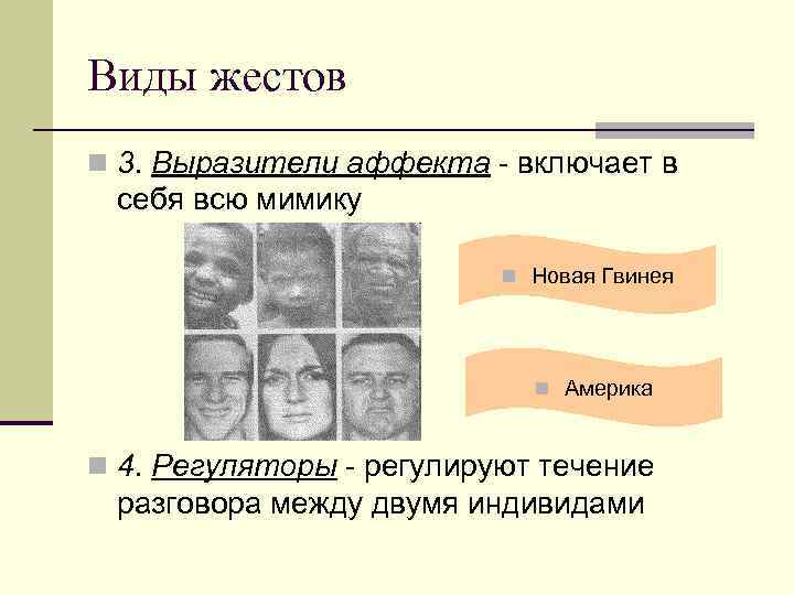Виды жестов n 3. Выразители аффекта - включает в себя всю мимику n Новая