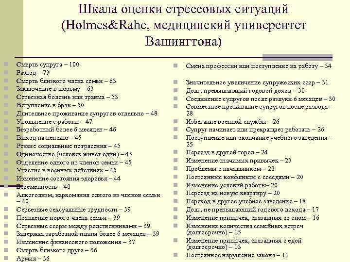 Шкала оценки стрессовых ситуаций (Holmes&Rahe, медицинский университет Вашингтона) n n n n n n