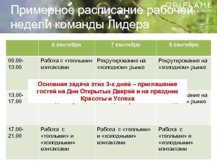 Примерное расписание рабочей недели команды Лидера 6 сентября 09. 0013. 0017. 0021. 00 7