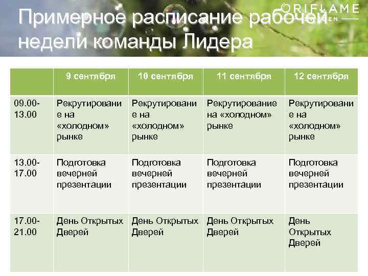 Примерное расписание рабочей недели команды Лидера 9 сентября 10 сентября 11 сентября 12 сентября