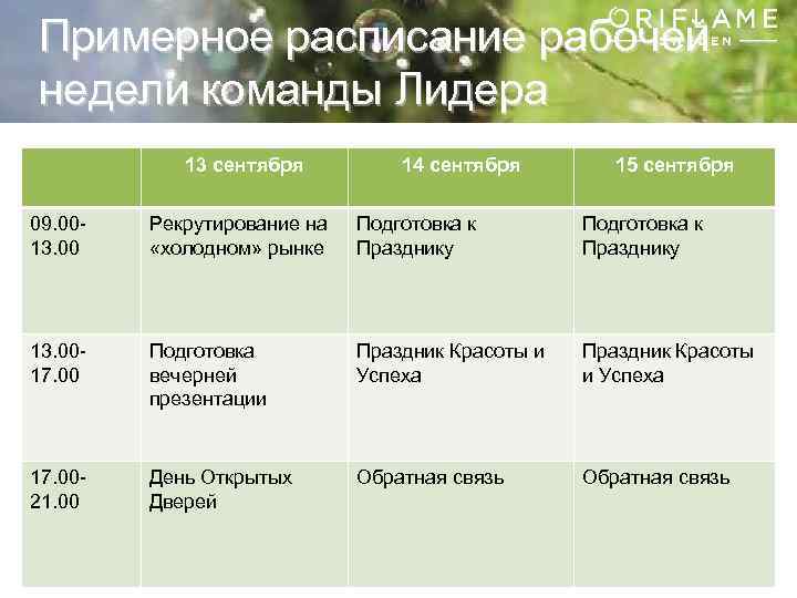 Примерное расписание рабочей недели команды Лидера 13 сентября 14 сентября 15 сентября 09. 0013.