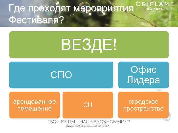 Где проходят мероприятия Фестиваля? ВЕЗДЕ! Офис Лидера СПО арендованное помещение СЦ Copyright © 2013