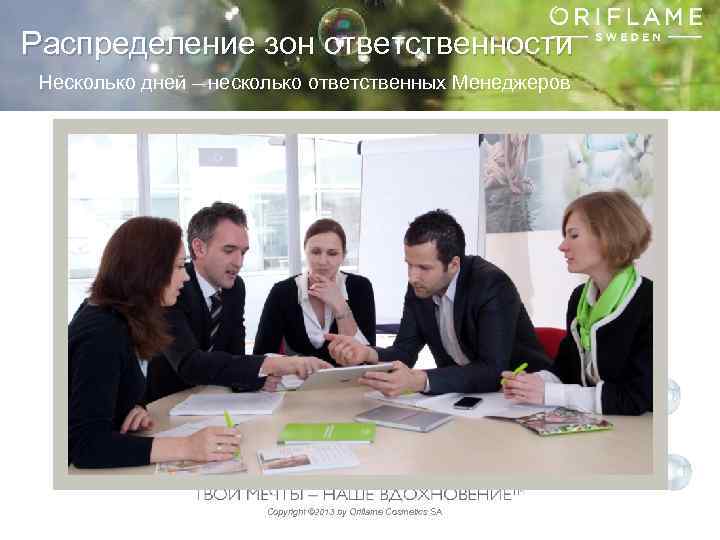 Распределение зон ответственности Несколько дней – несколько ответственных Менеджеров Copyright © 2013 by Oriflame