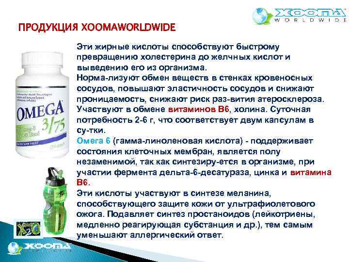 ПРОДУКЦИЯ XOOMAWORLDWIDE Эти жирные кислоты способствуют быстрому превращению холестерина до желчных кислот и выведению