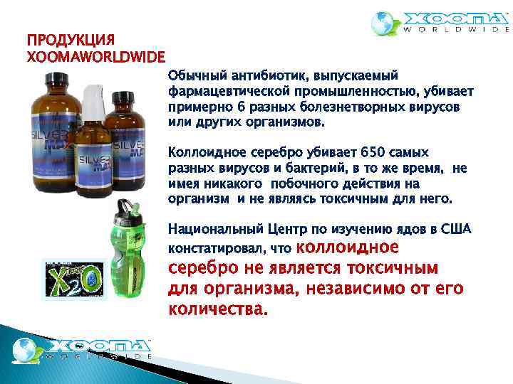 ПРОДУКЦИЯ XOOMAWORLDWIDE Обычный антибиотик, выпускаемый фармацевтической промышленностью, убивает примерно 6 разных болезнетворных вирусов или