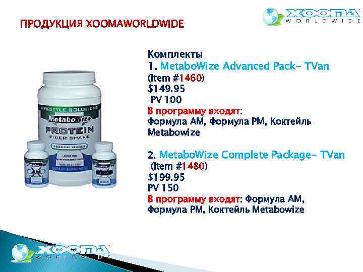 ПРОДУКЦИЯ XOOMAWORLDWIDE Комплекты 1. Metabo. Wize Advanced Pack- TVan (Item #1460) $149. 95 PV