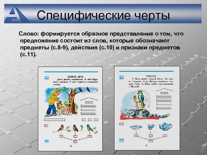 Специфические черты Слово: формируется образное представление о том, что предложение состоит из слов, которые