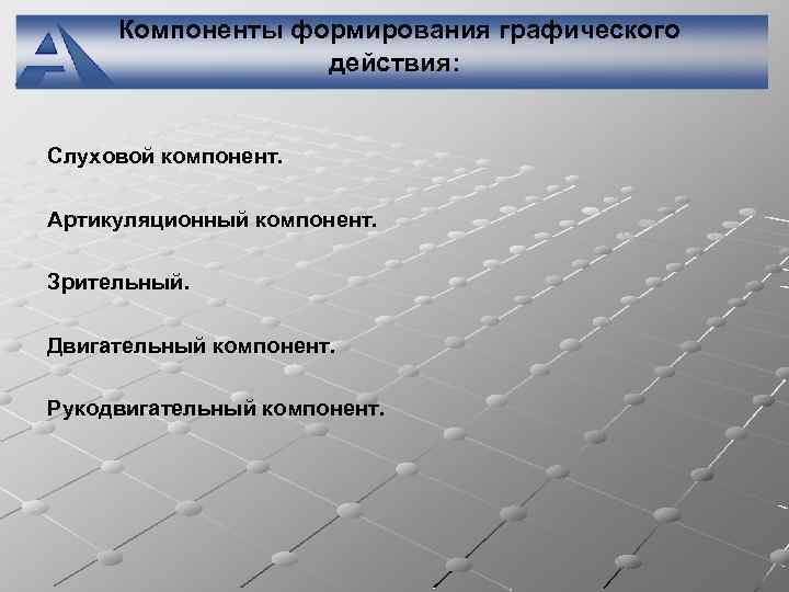 Компоненты формирования графического действия: Слуховой компонент. Артикуляционный компонент. Зрительный. Двигательный компонент. Рукодвигательный компонент. 