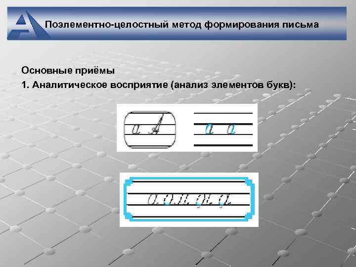 Поэлементно-целостный метод формирования письма Основные приёмы 1. Аналитическое восприятие (анализ элементов букв): 