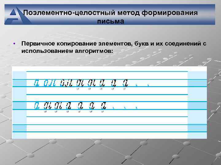 Поэлементно-целостный метод формирования письма • Первичное копирование элементов, букв и их соединений с использованием