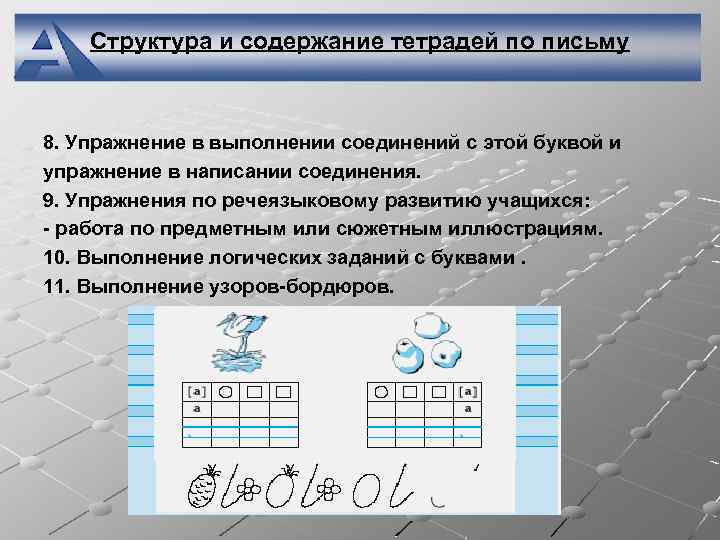 Структура и содержание тетрадей по письму 8. Упражнение в выполнении соединений с этой буквой