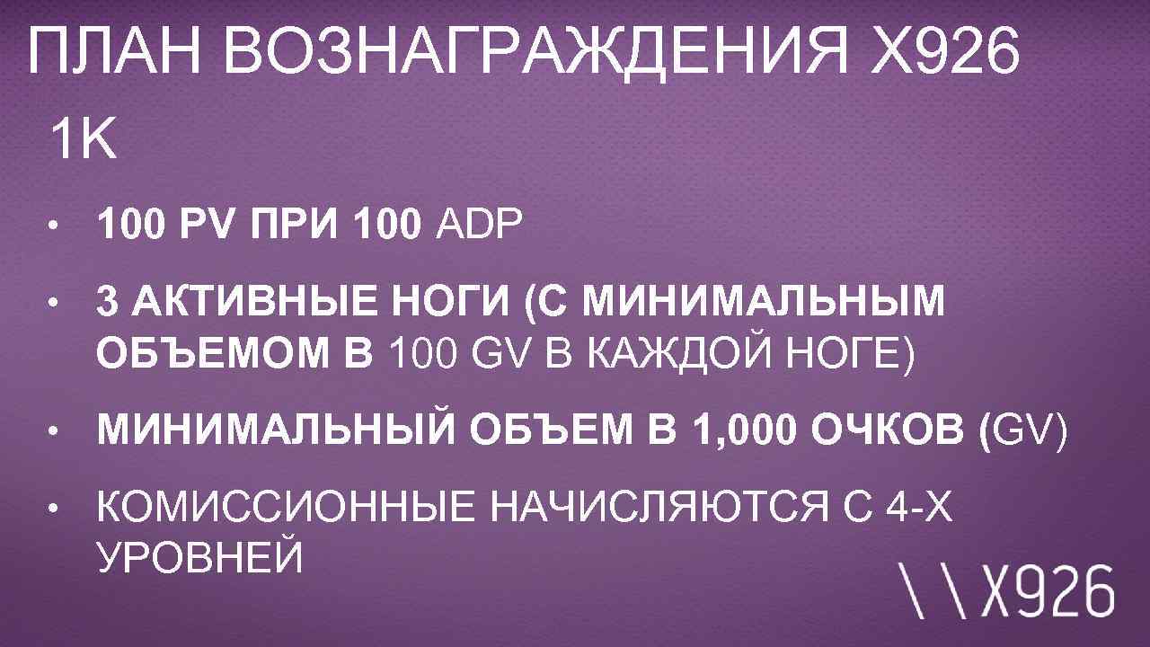 ПЛАН ВОЗНАГРАЖДЕНИЯ X 926 1 K • 100 PV ПРИ 100 ADP • 3