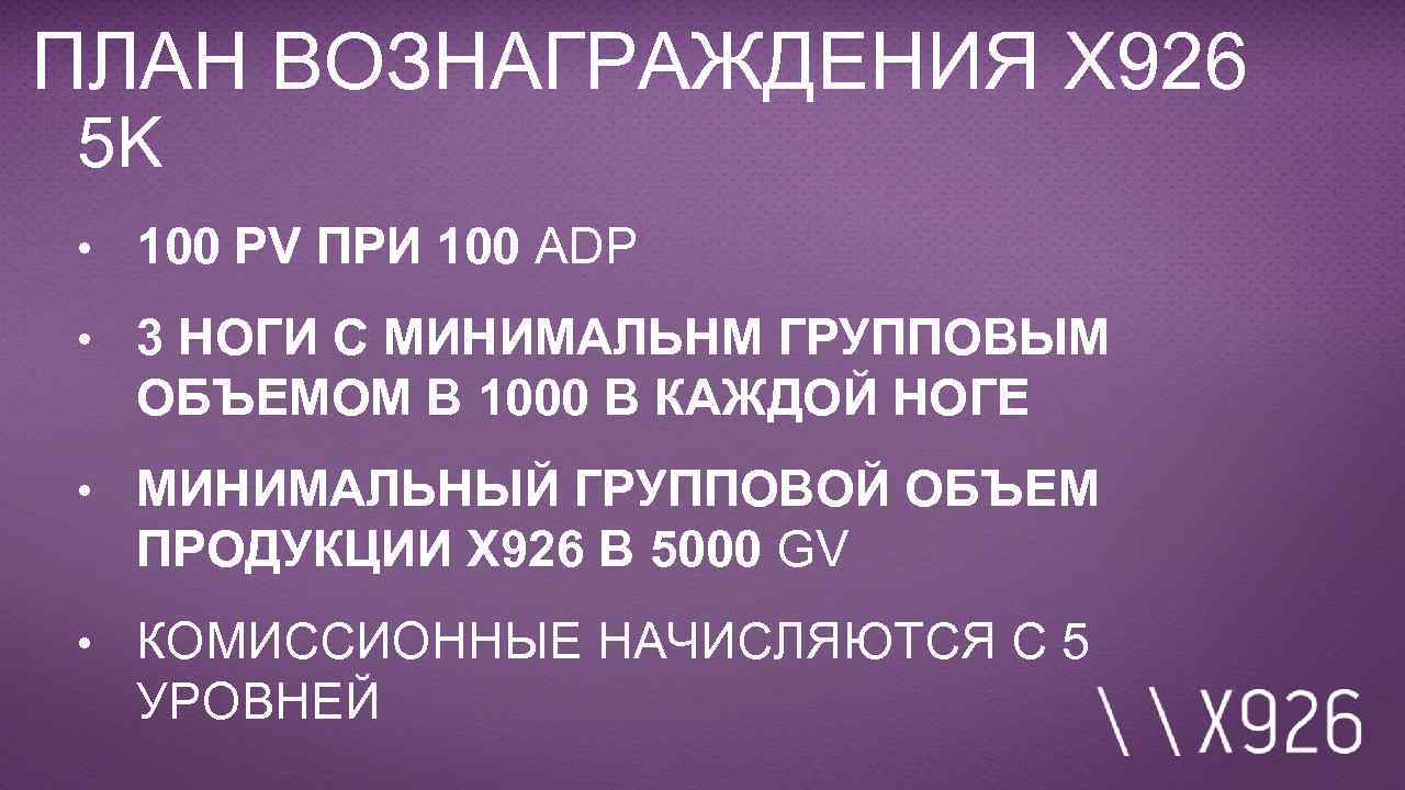 ПЛАН ВОЗНАГРАЖДЕНИЯ X 926 5 K • 100 PV ПРИ 100 ADP • 3