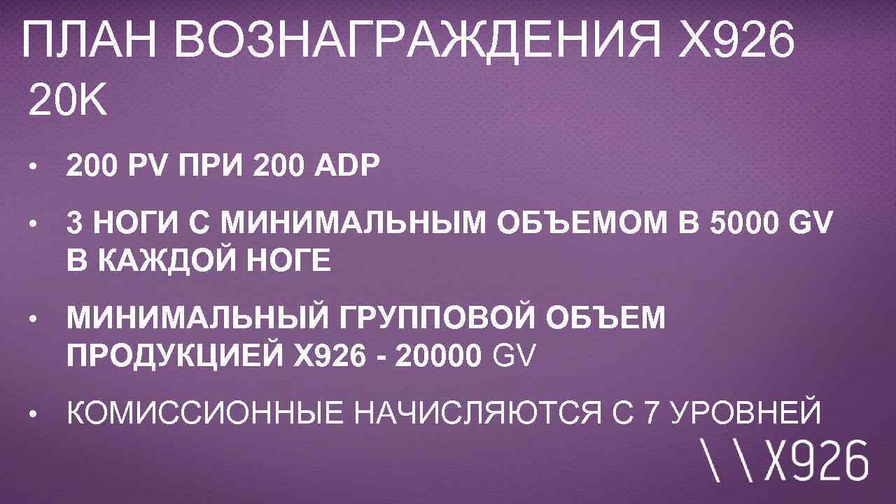 ПЛАН ВОЗНАГРАЖДЕНИЯ X 926 20 K • 200 PV ПРИ 200 ADP • 3