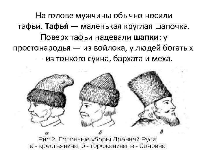 На голове мужчины обычно носили тафьи. Тафья — маленькая круглая шапочка. Поверх тафьи надевали