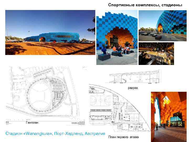 Спортивные комплексы, стадионы разрез Генплан Стадион «Wanangkura» , Порт-Хедленд, Австралия План первого этажа 
