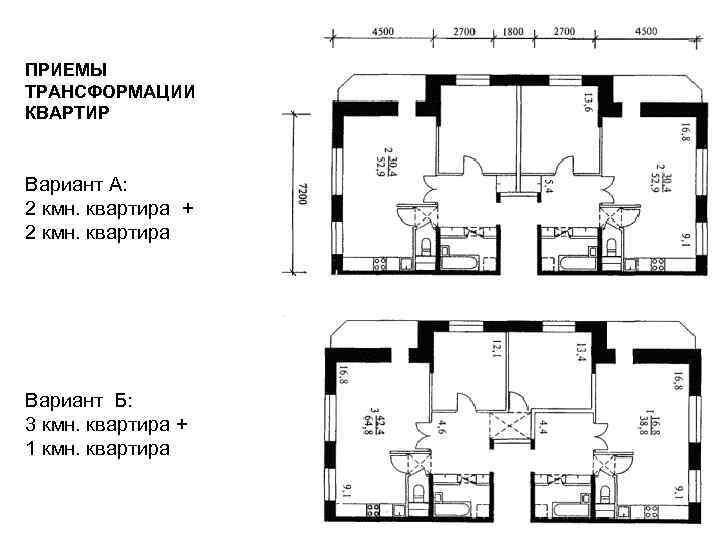 ПРИЕМЫ ТРАНСФОРМАЦИИ КВАРТИР Вариант А: 2 кмн. квартира + 2 кмн. квартира Вариант Б: