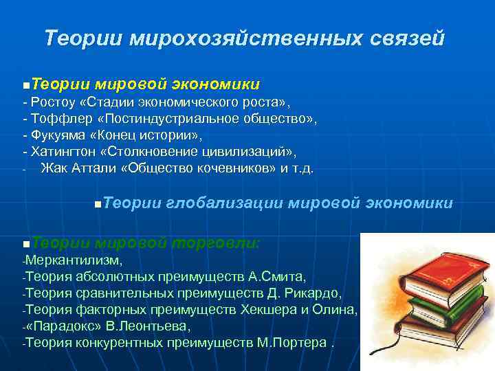 Теории мирохозяйственных связей Теории мировой экономики n - Ростоу «Стадии экономического роста» , -