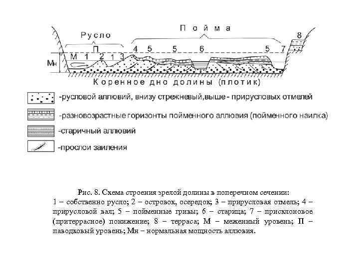 Рис. 8. Схема строения зрелой долины в поперечном сечении: 1 – собственно русло; 2