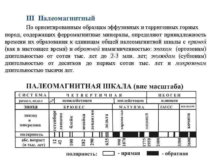 III Палеомагнитный По ориентированным образцам эффузивных и терригенных горных пород, содержащих ферромагнитные минералы, определяют