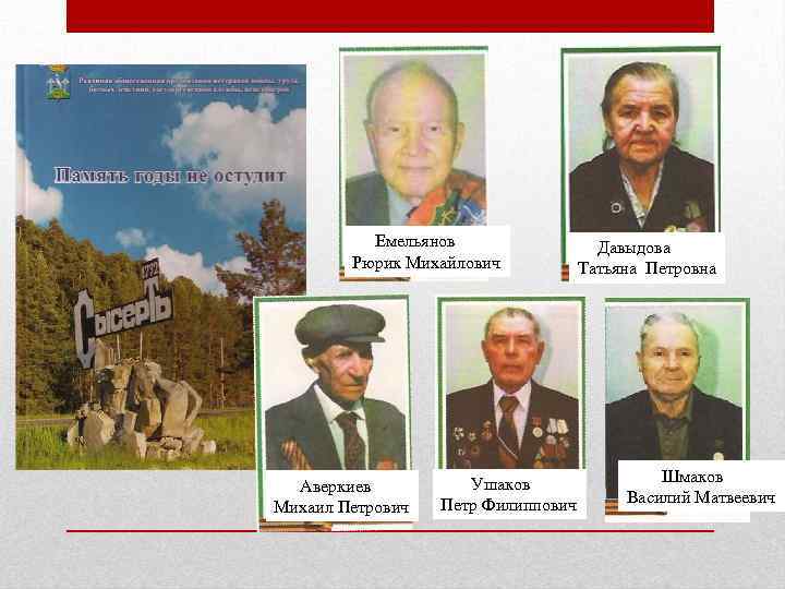 Емельянов Рюрик Михайлович Аверкиев Михаил Петрович Ушаков Петр Филиппович Давыдова Татьяна Петровна Шмаков Василий