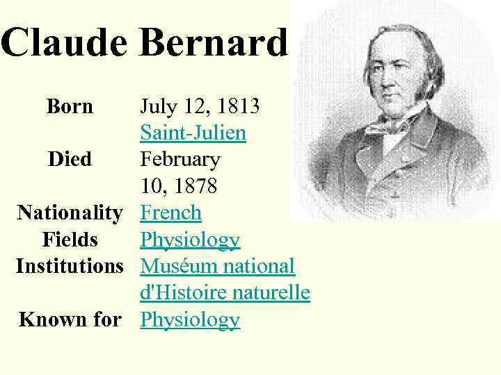 Claude Bernard Born July 12, 1813 Saint-Julien Died February 10, 1878 Nationality French Fields