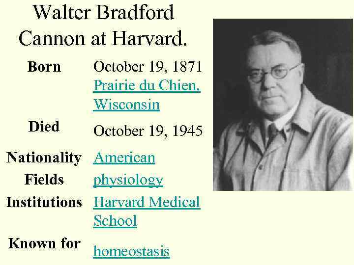 Walter Bradford Cannon at Harvard. Born October 19, 1871 Prairie du Chien, Wisconsin Died