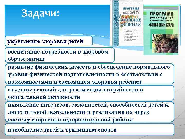 Задачи: укрепление здоровья детей воспитание потребности в здоровом образе жизни развитие физических качеств и