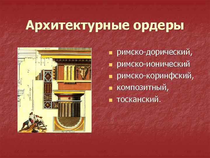Архитектурные ордеры n n n римско-дорический, римско-ионический римско-коринфский, композитный, тосканский. 