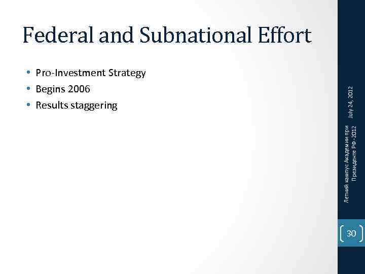 Летний кампус Академии при Президенте РФ -2012 • Pro-Investment Strategy • Begins 2006 •