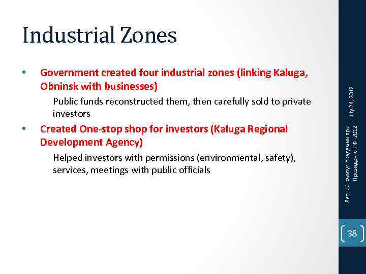 Government created four industrial zones (linking Kaluga, Obninsk with businesses) Public funds reconstructed them,