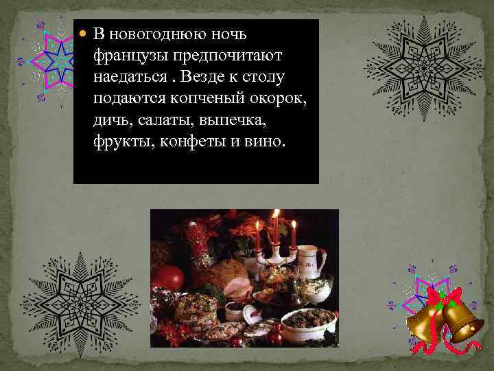  В новогоднюю ночь французы предпочитают наедаться. Везде к столу подаются копченый окорок, дичь,
