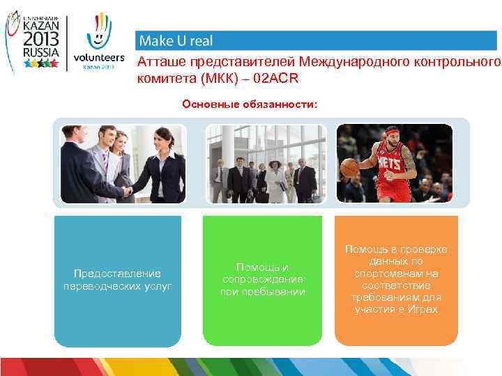 Атташе представителей Международного контрольного комитета (МКК) – 02 ACR Основные обязанности: Предоставление переводческих услуг