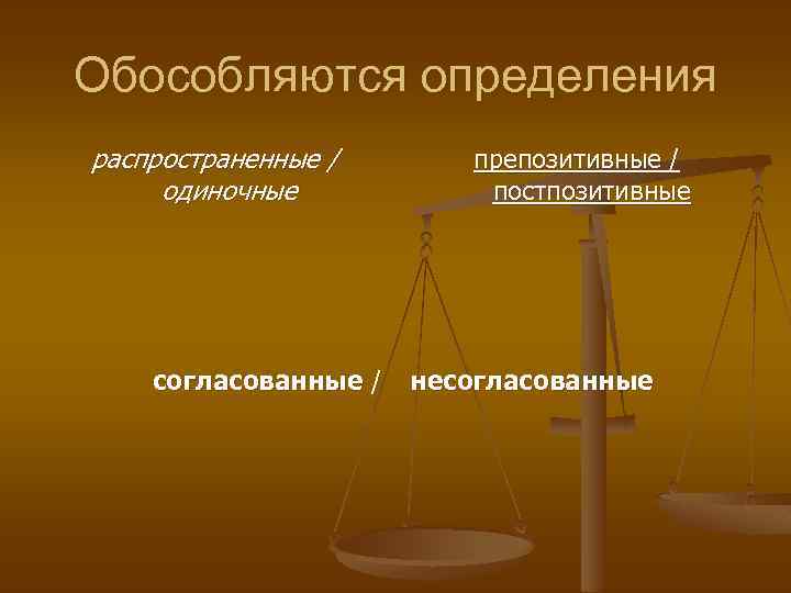 Обособляются определения распространенные / одиночные согласованные / препозитивные / постпозитивные несогласованные 