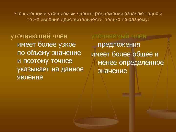Уточняющий и уточняемый члены предложения означают одно и то же явление действительности, только по-разному: