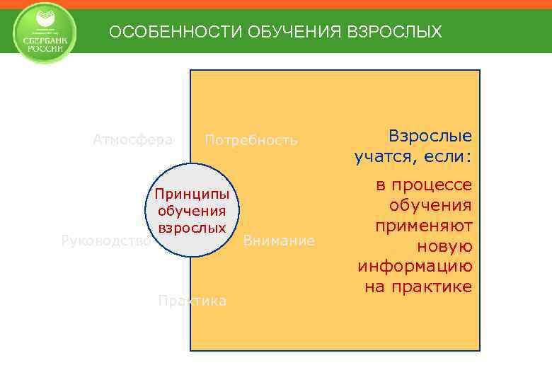 ОСОБЕННОСТИ ОБУЧЕНИЯ ВЗРОСЛЫХ Атмосфера Руководство Потребность Принципы обучения взрослых Практика Внимание Взрослые учатся, если: