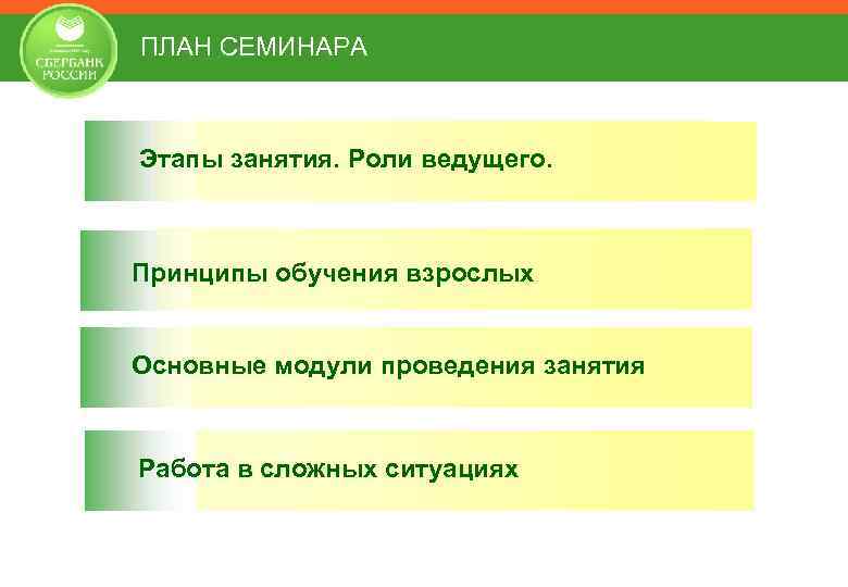 ПЛАН СЕМИНАРА Этапы занятия. Роли ведущего. Принципы обучения взрослых Основные модули проведения занятия Работа