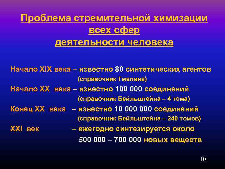 Проблема стремительной химизации всех сфер деятельности человека Начало XIX века – известно 80 синтетических