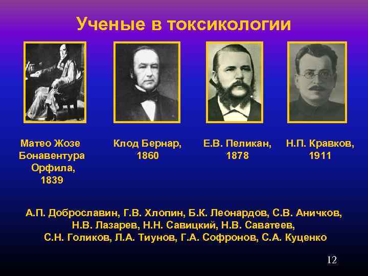 Ученые в токсикологии Матео Жозе Бонавентура Орфила, 1839 Клод Бернар, 1860 Е. В. Пеликан,