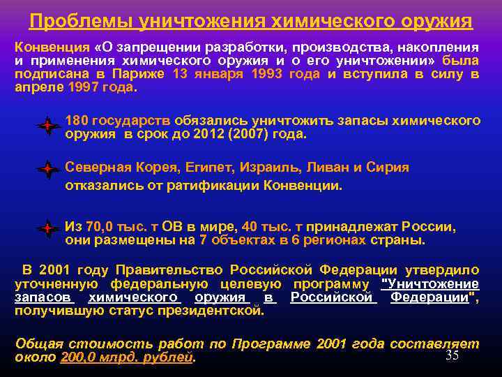 Проблемы уничтожения химического оружия Конвенция «О запрещении разработки, производства, накопления и применения химического оружия