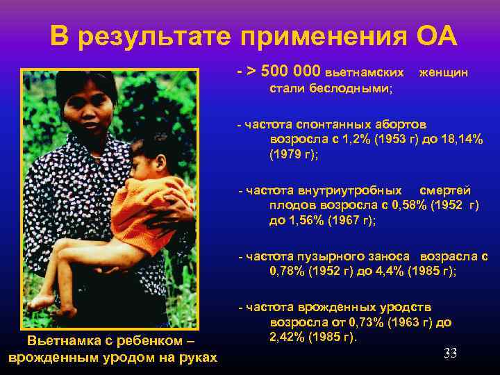 В результате применения ОА - > 500 000 вьетнамских женщин стали беслодными; - частота