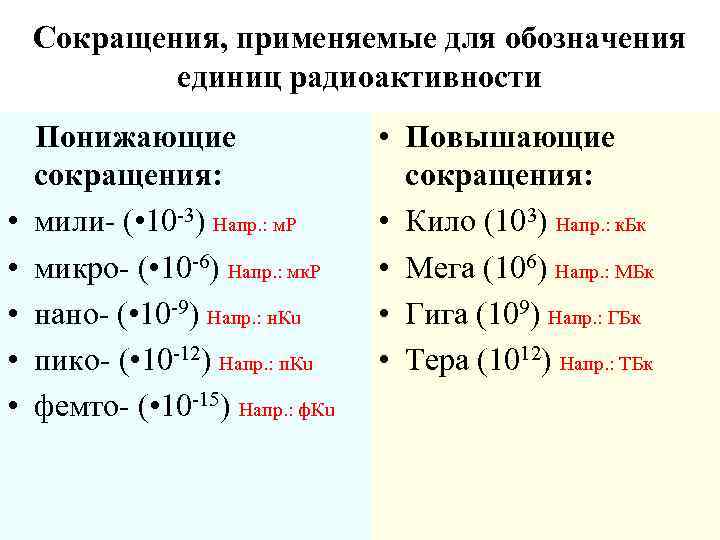 Сокращения, применяемые для обозначения единиц радиоактивности • • • Понижающие сокращения: мили- ( •