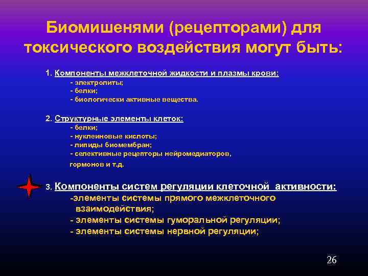 Биомишенями (рецепторами) для токсического воздействия могут быть: 1. Компоненты межклеточной жидкости и плазмы крови:
