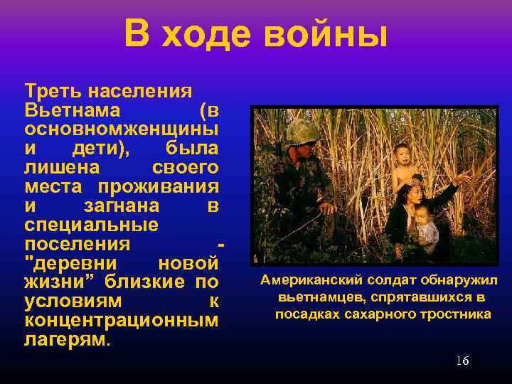 В ходе войны Треть населения Вьетнама (в основном женщины и дети), была лишена своего