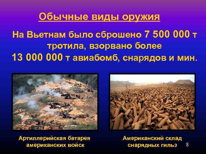 Обычные виды оружия На Вьетнам было сброшено 7 500 000 т тротила, взорвано более