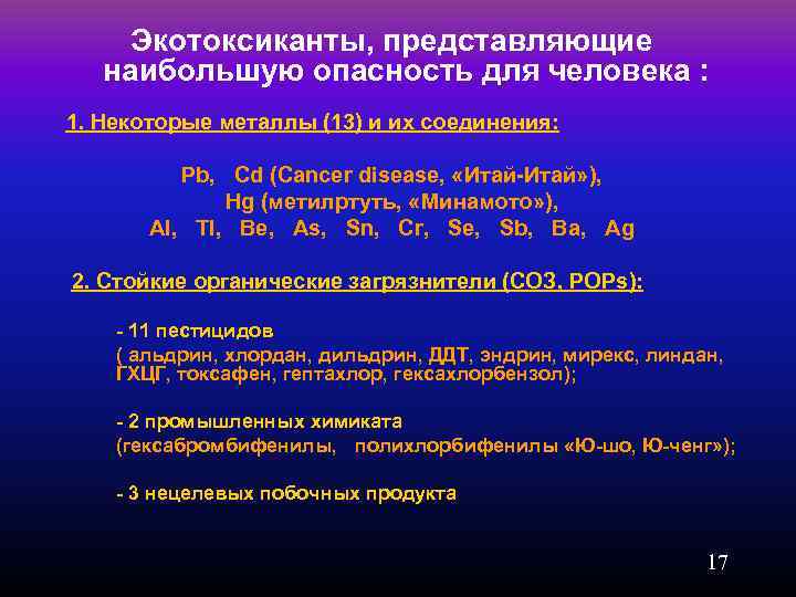 Экотоксиканты, представляющие наибольшую опасность для человека : 1. Некоторые металлы (13) и их соединения: