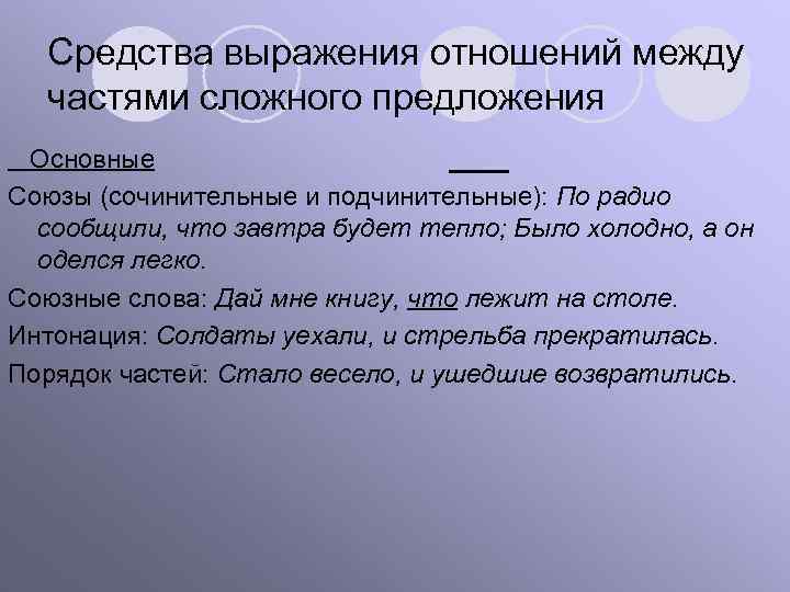 Средства выражения отношений между частями сложного предложения Основные Союзы (сочинительные и подчинительные): По радио