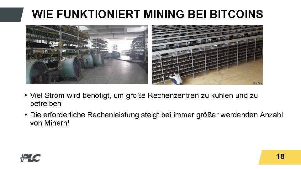 Titeltext WIE FUNKTIONIERT MINING BEI BITCOINS • Viel Strom wird benötigt, um große Rechenzentren