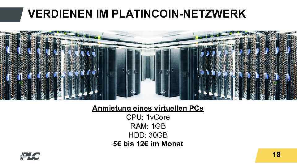 Titeltext IM PLATINCOIN-NETZWERK VERDIENEN Anmietung eines virtuellen PCs CPU: 1 v. Core RAM: 1